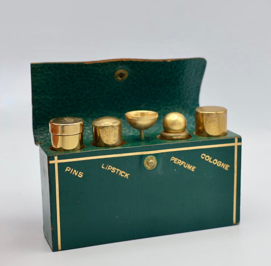 Vintage 1950s Leather Travel Vanity Set with Brass Accessories