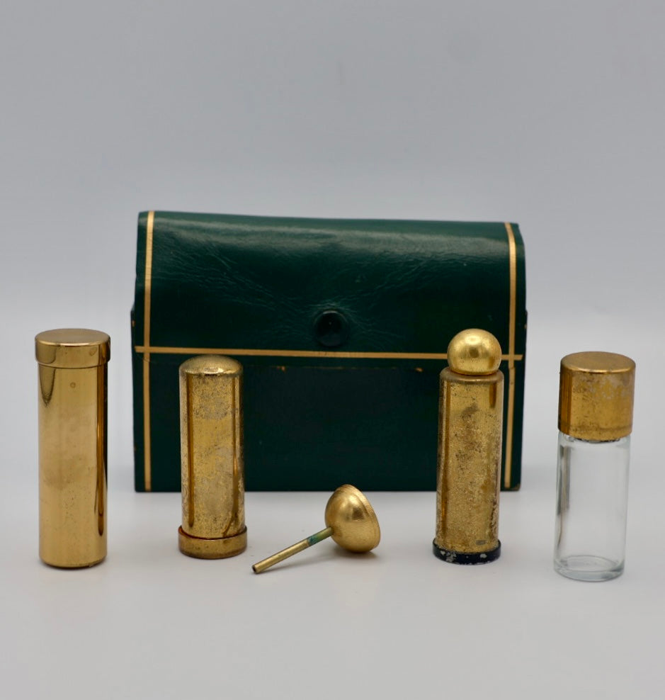 Vintage 1950s Leather Travel Vanity Set with Brass Accessories