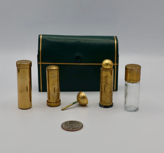 Vintage 1950s Leather Travel Vanity Set with Brass Accessories