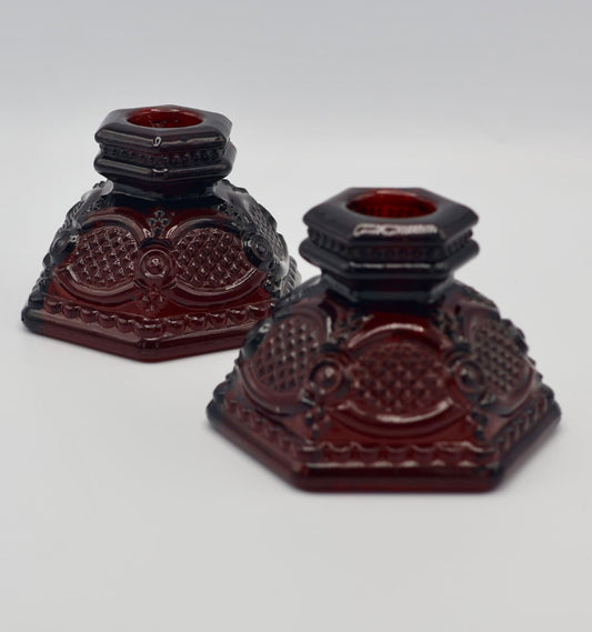 Vintage Avon 1876 Cape Cod Ruby Glass Candle Holders (Set of 2)