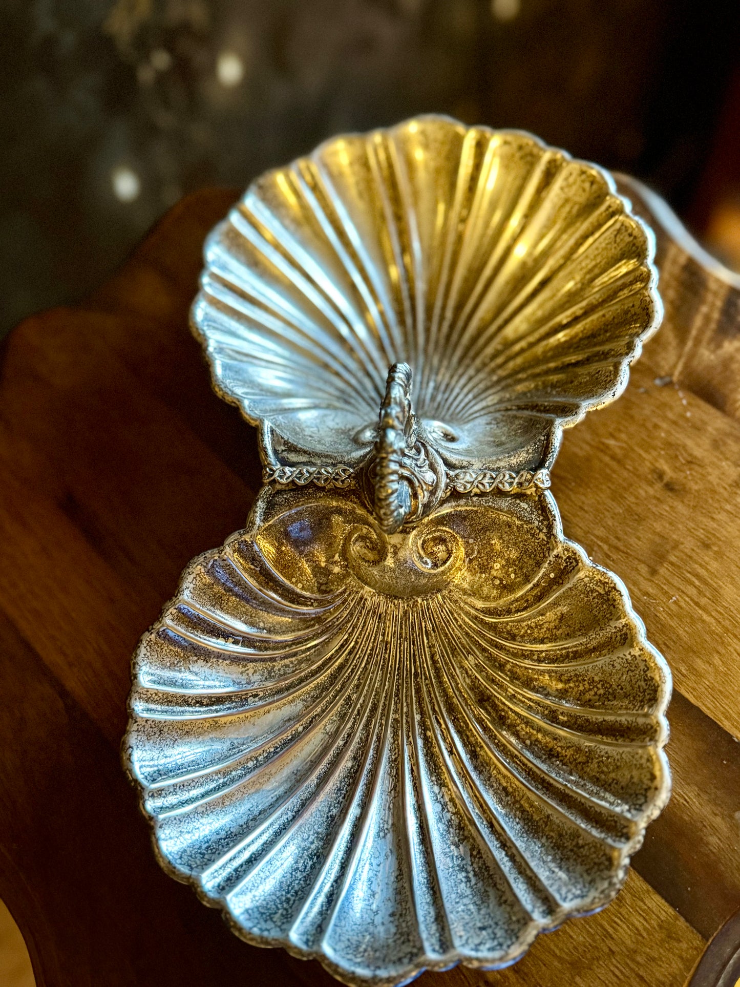 Antique Silverplate Double Shell Serving Dish c. 1930s–1950s