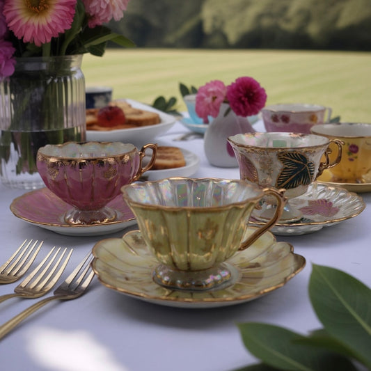 Fan Crest Iridescent Tea Cups with Saucers