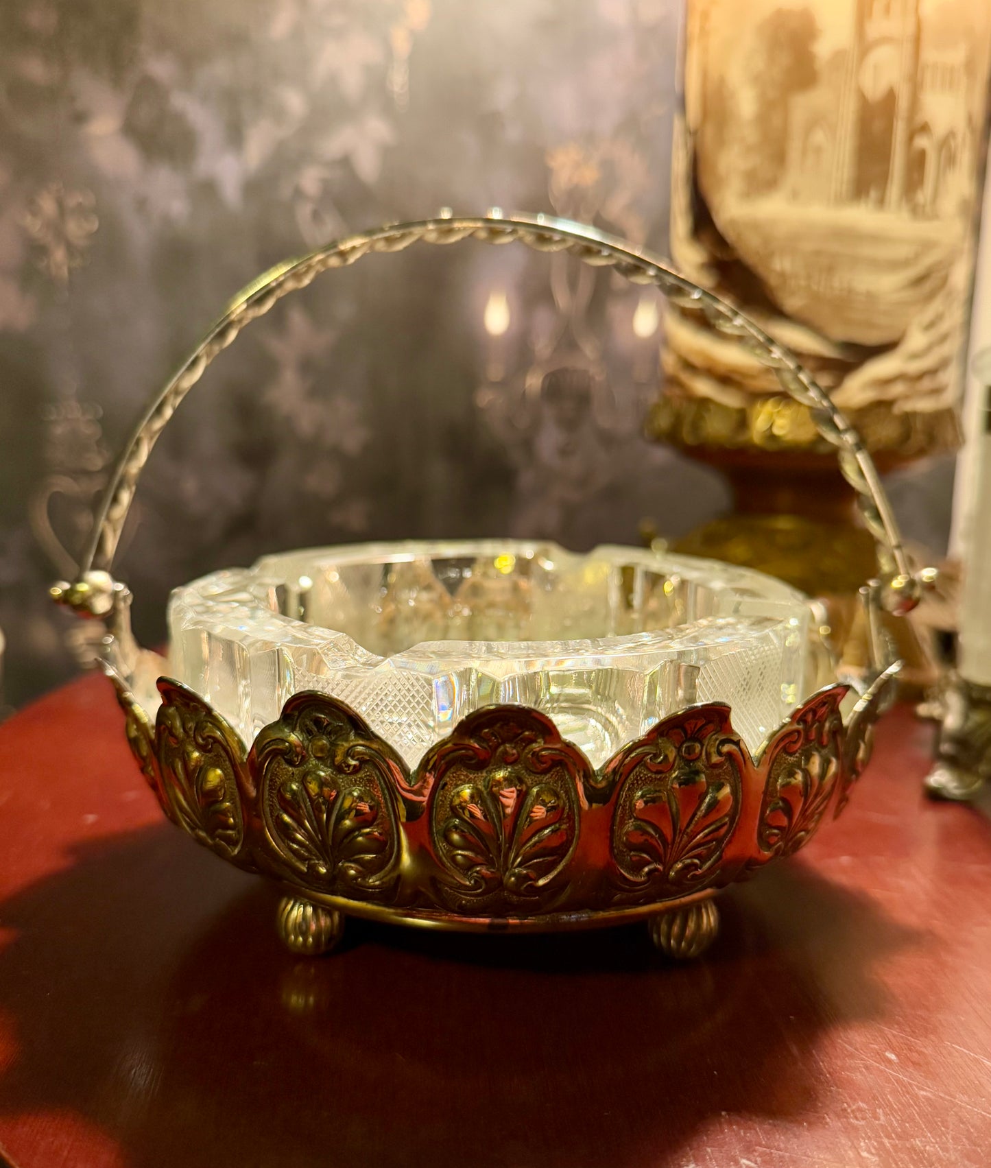 Vintage Glass Ashtray in Metal Basket
