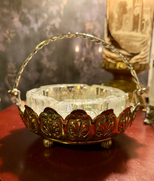 Vintage Glass Ashtray in Metal Basket
