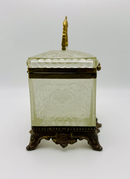 Antique Frosted & Cut Glass Jewelry Casket with Cherub Motif
