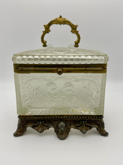 Antique Frosted & Cut Glass Jewelry Casket with Cherub Motif