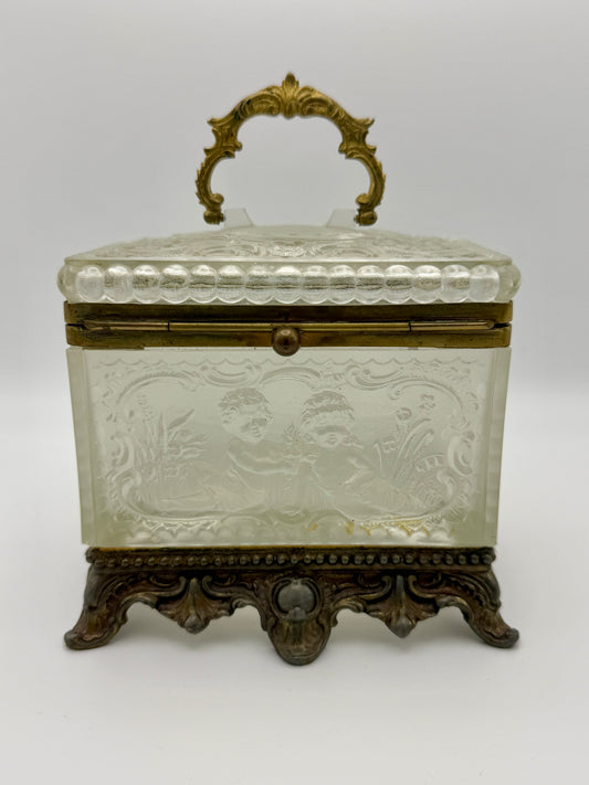Antique Frosted & Cut Glass Jewelry Casket with Cherub Motif