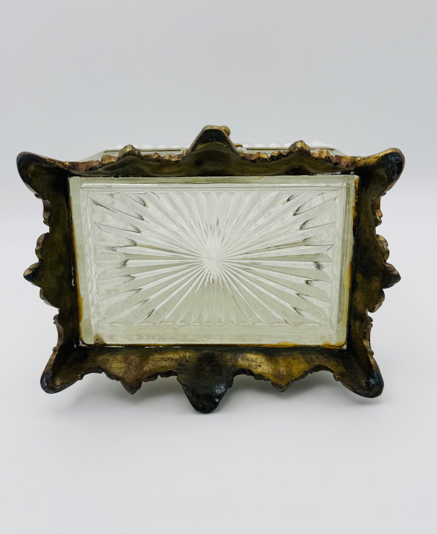 Antique Frosted & Cut Glass Jewelry Casket with Cherub Motif