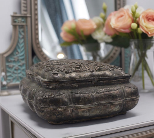 Antique Silverplate Jewelry Casket with Red Velvet Lining