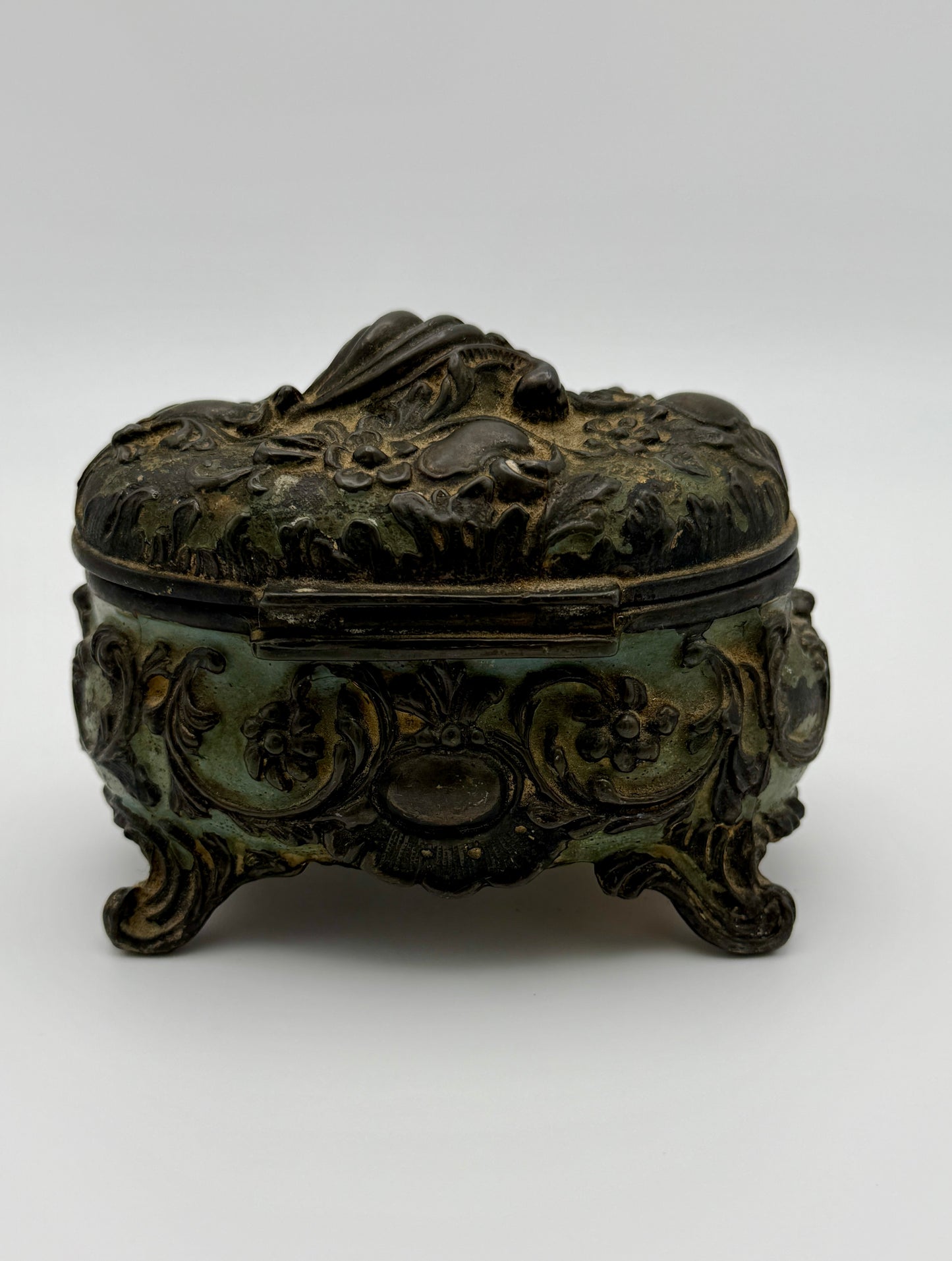 Antique Ormolu-Style Jewelry Casket With Verdigris Patina