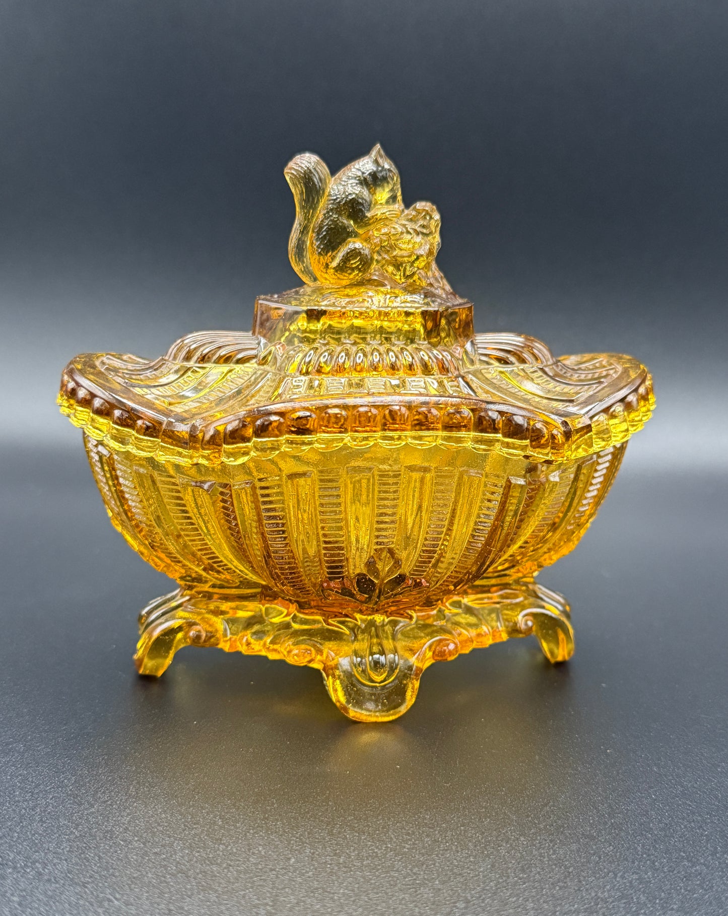 Portieux Vallerysthal Amber Glass Squirrel Candy Dish