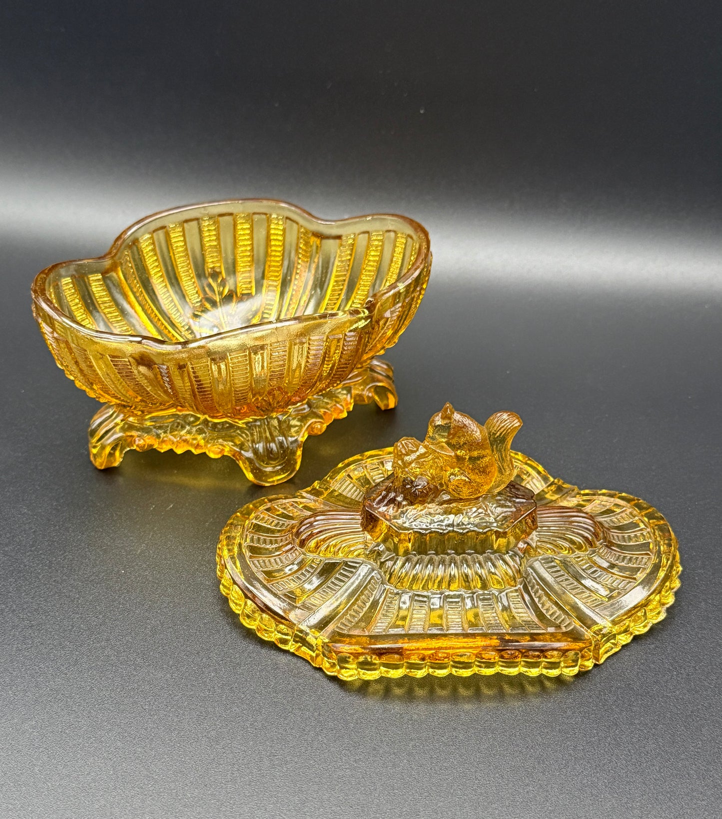 Portieux Vallerysthal Amber Glass Squirrel Candy Dish