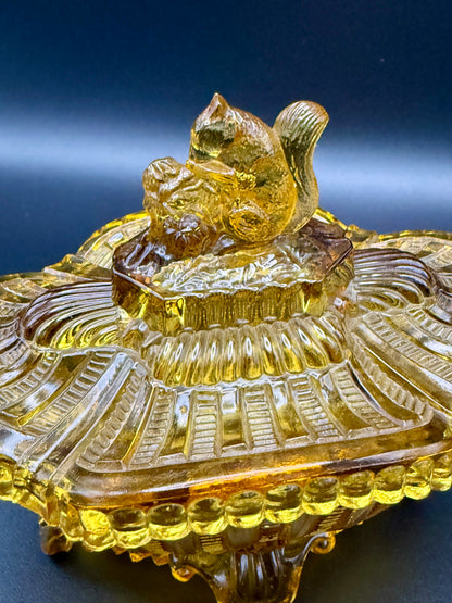 Portieux Vallerysthal Amber Glass Squirrel Candy Dish