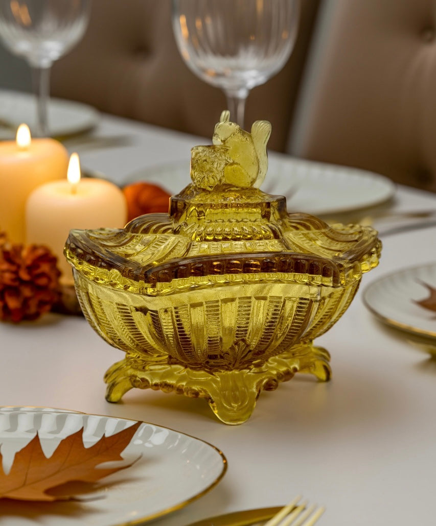 Portieux Vallerysthal Amber Glass Squirrel Candy Dish