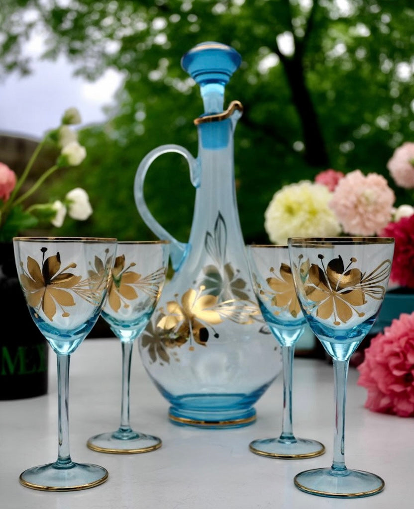 Romanian Cristiro Turquoise & Gold Glass Decanter Set (5-Piece)