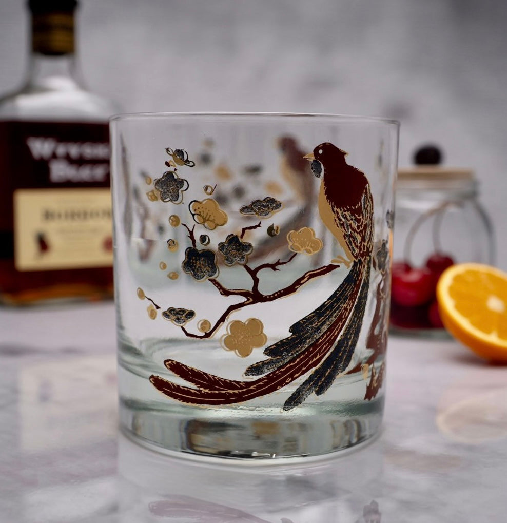 Mid-Century Modern Pheasant Lowball Glasses w/ Gold & Enamel Design (set/4)