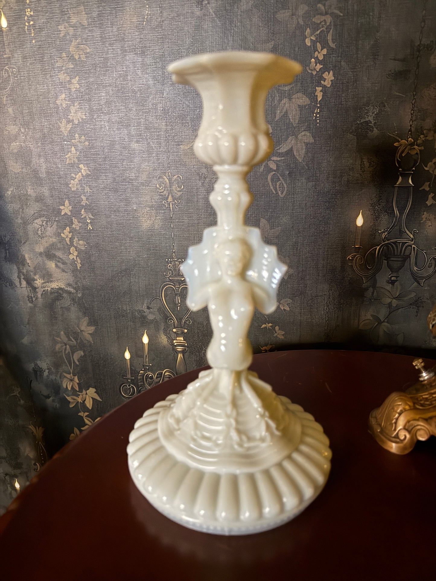 Portieux Vallerysthal Opaline Milk Glass Mermaid Candlestick