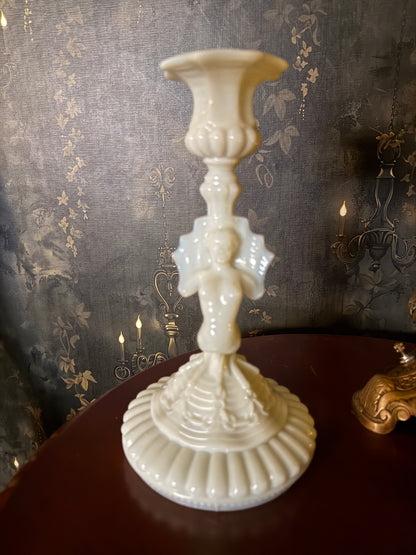 Portieux Vallerysthal Opaline Milk Glass Mermaid Candlestick