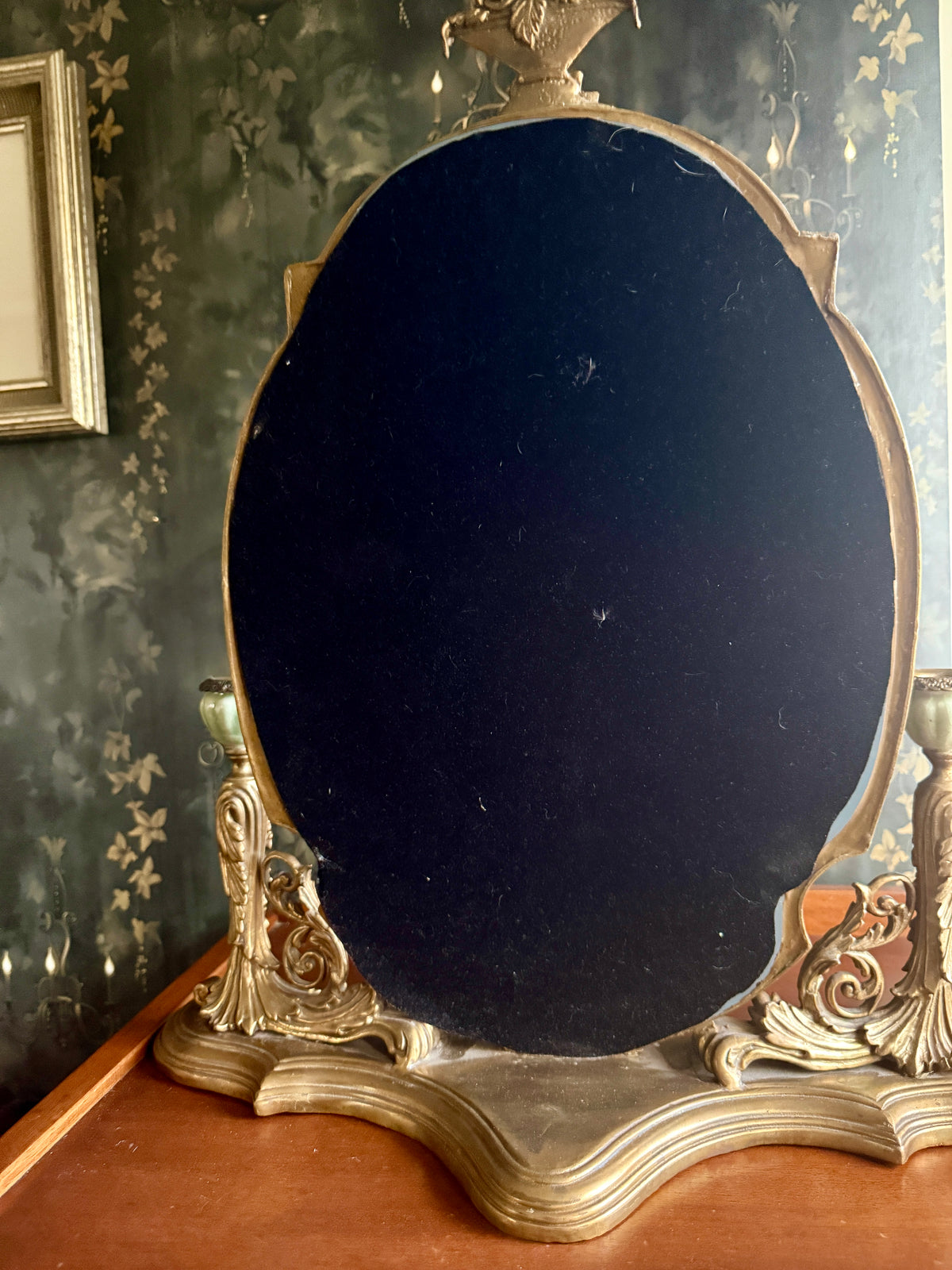 Late 19th/Early 20th Century Rococo Revival Gilt-Metal Vanity Mirror with Celadon-Glazed Candleholders