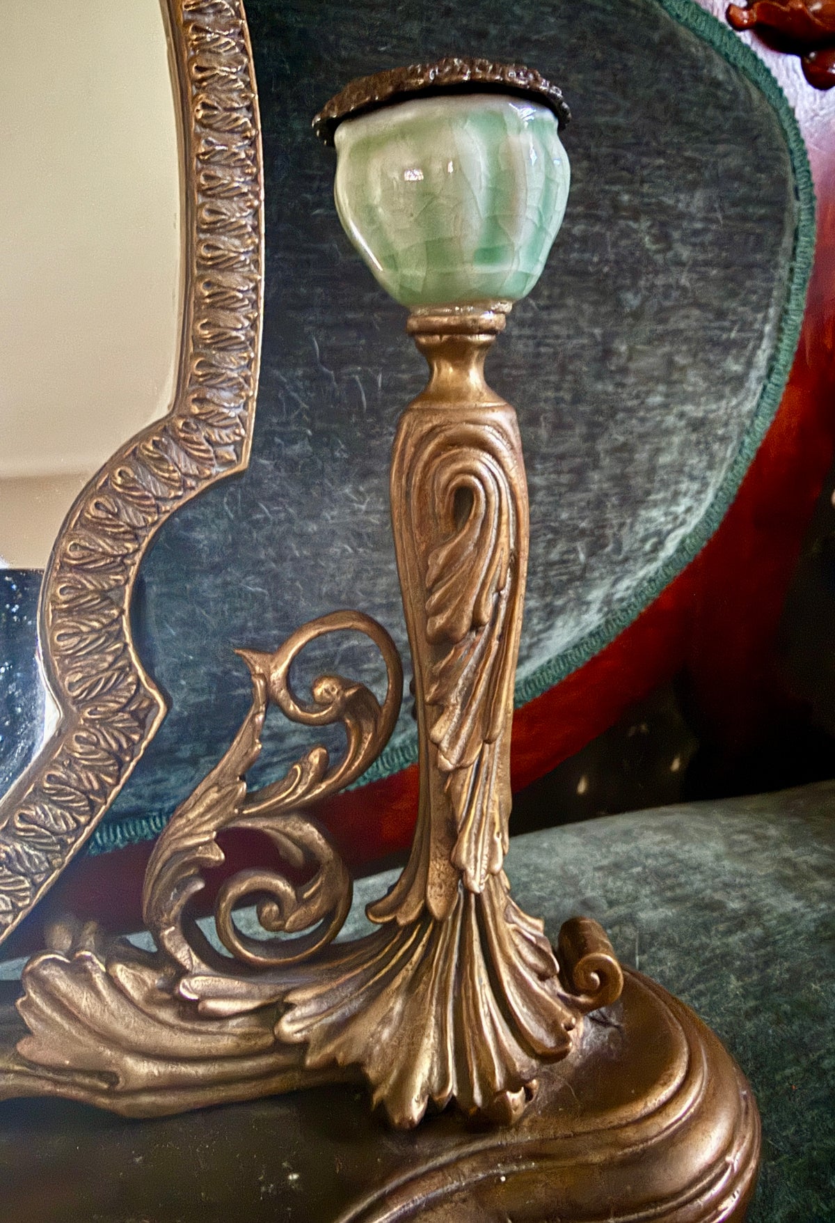 Late 19th/Early 20th Century Rococo Revival Gilt-Metal Vanity Mirror with Celadon-Glazed Candleholders