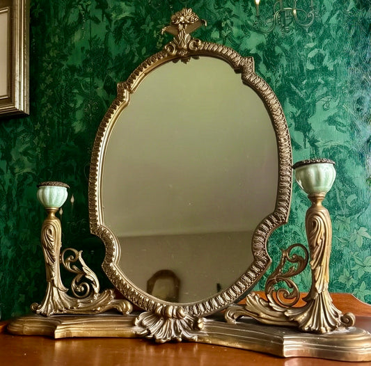 Late 19th/Early 20th Century Rococo Revival Gilt-Metal Vanity Mirror with Celadon-Glazed Candleholders