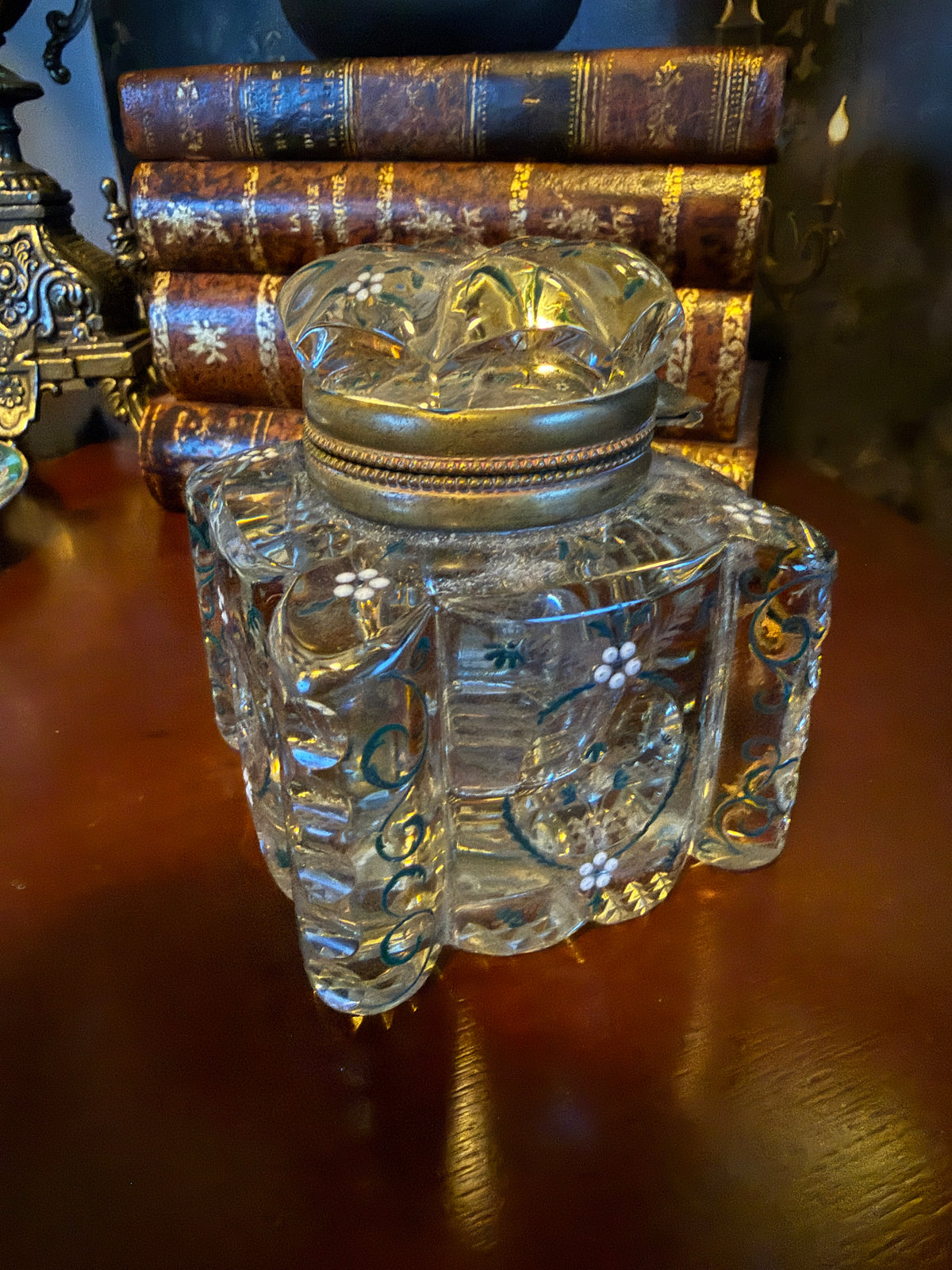 Antique Cut Glass Inkwell with Hand-Painted Floral Enamel & Hinged Metal Lid