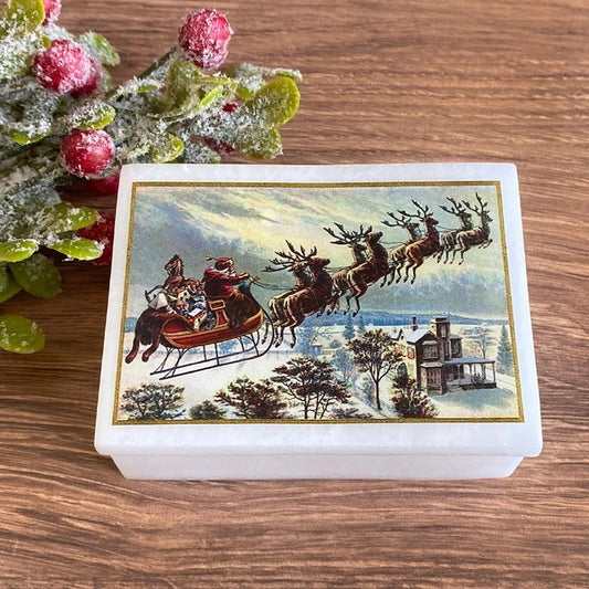 Santa Claus and Reindeer White Soapstone Trinket Box