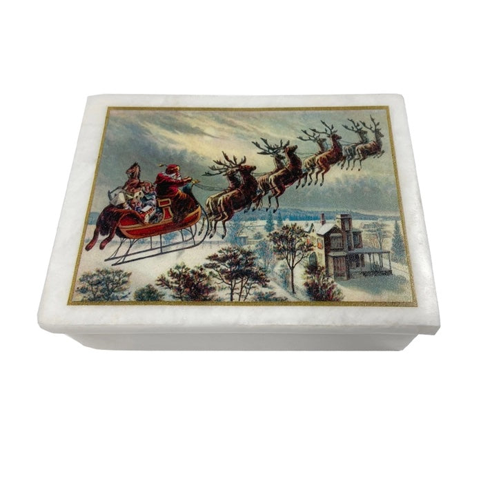 Santa Claus and Reindeer White Soapstone Trinket Box