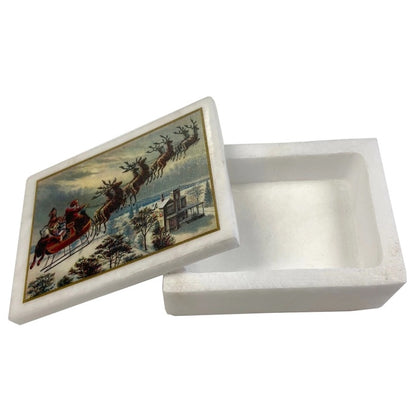Santa Claus and Reindeer White Soapstone Trinket Box