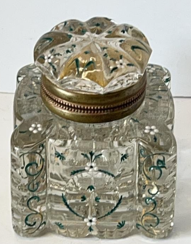 Antique Cut Glass Inkwell with Hand-Painted Floral Enamel & Hinged Metal Lid