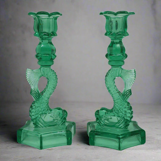 Koi Dolphin Uranium Glass Candlesticks