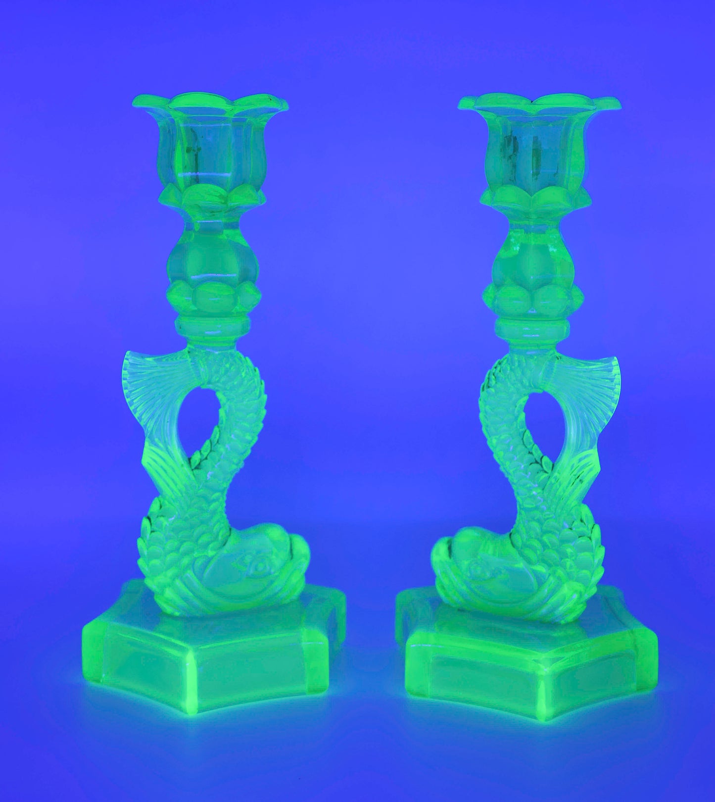 Koi Dolphin Uranium Glass Candlesticks