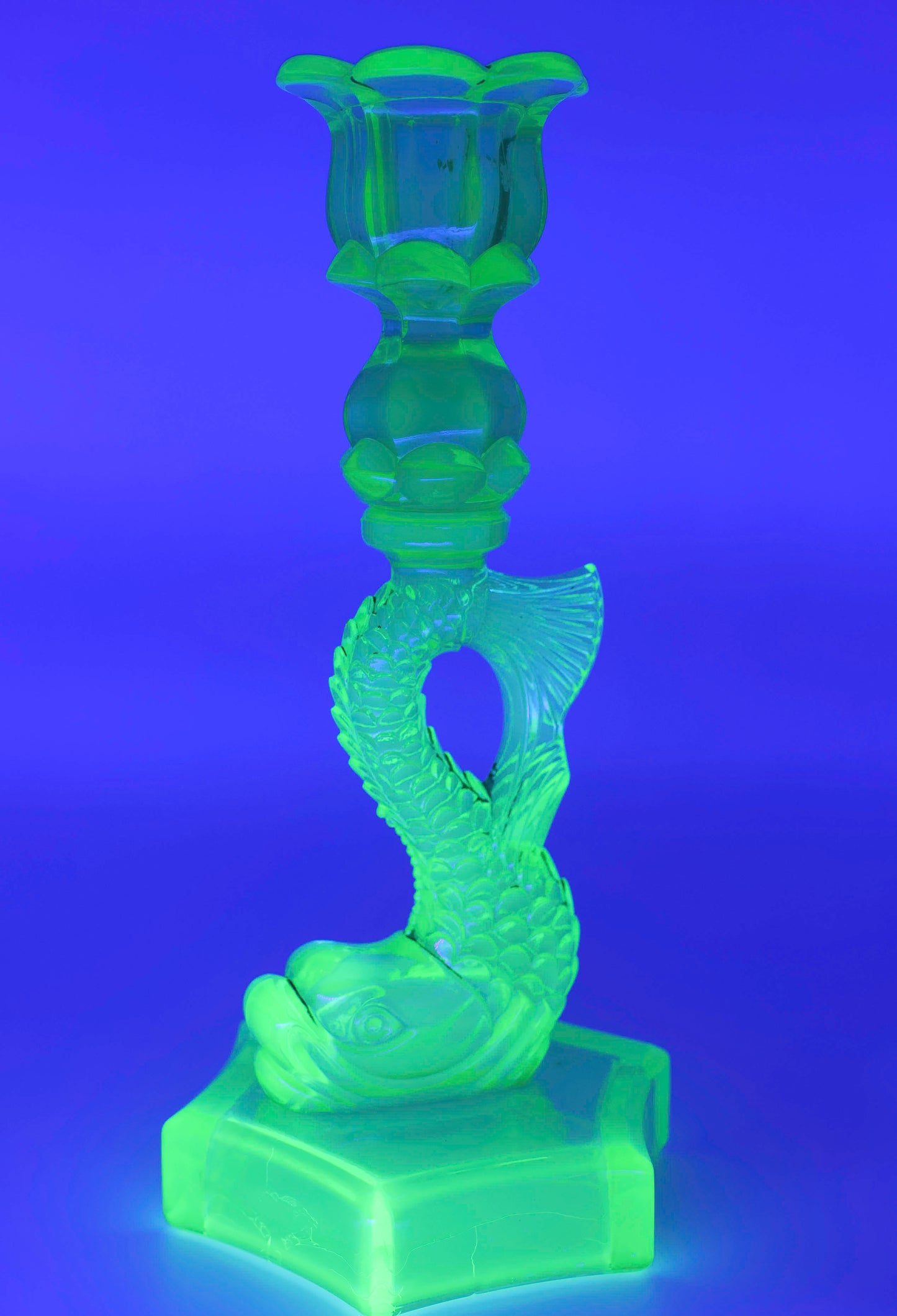 Koi Dolphin Uranium Glass Candlesticks